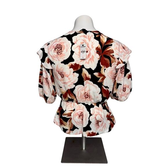 Express NWT floral faux wrap puff sleeve peplum top size S - Picture 6 of 13